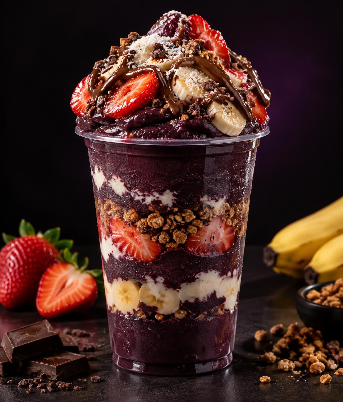 Copo generoso de açaí com morango, banana, granola e chocolate